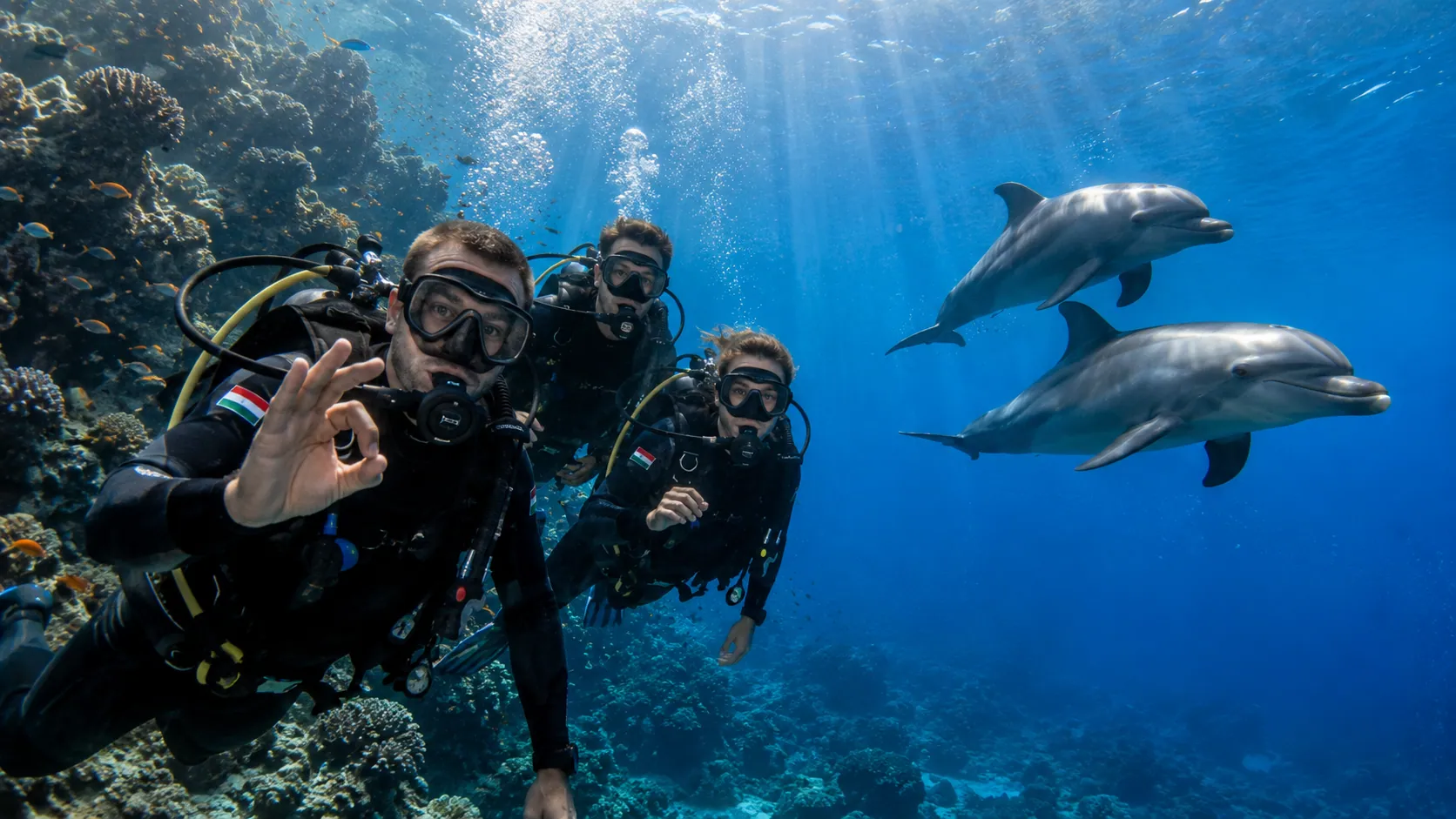 Búvárok vadon élő delfinekkel úsznak a Dolphin House (Sha'ab El Erg) zátonynál Hurghadán