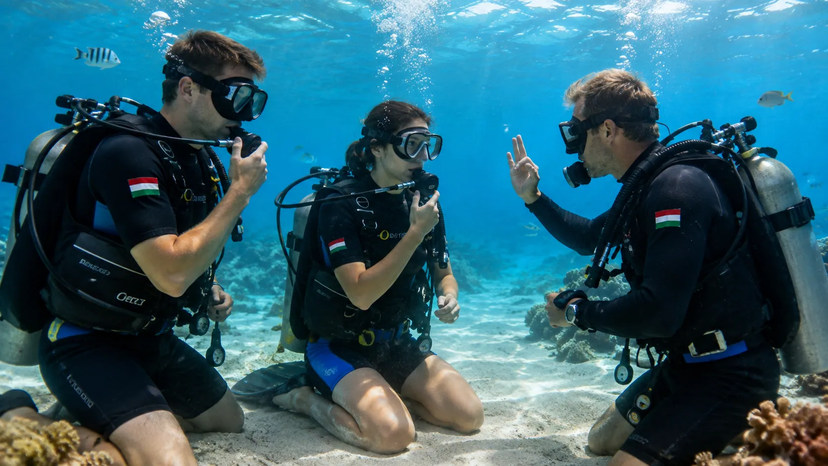 Open Water tanulók készséggyakorlata oktatóval sekély, tiszta vízben Hurghadán